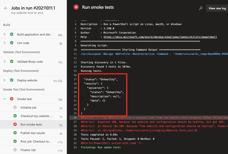 Screenshot of Azure DevOps showing the pipeline run log, with the output of the smoke test displayed. The JSON health test result is highlighted.