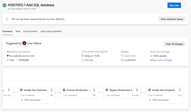 Screenshot of Azure DevOps showing the pipeline run with all stages showing success.