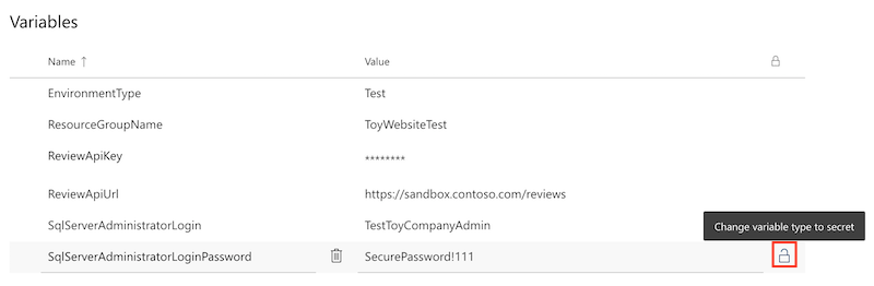 Screenshot of the production variable group, with the secret variable button highlighted.