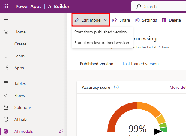 Screenshot of Edit model menu expanded to show Start from published version and Start from last trained version options.