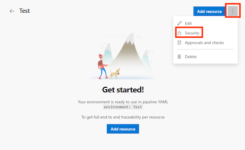 Azure DevOps 頁面的螢幕擷取畫面，其中環境名為 Test，還顯示 [其他動作] 功能表並醒目提示 [安全性] 項目。
