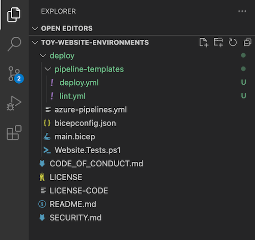 Visual Studio Code [總管] 的螢幕擷取畫面，其中顯示 [pipeline-templates] 資料夾和部署點 YML 檔案。