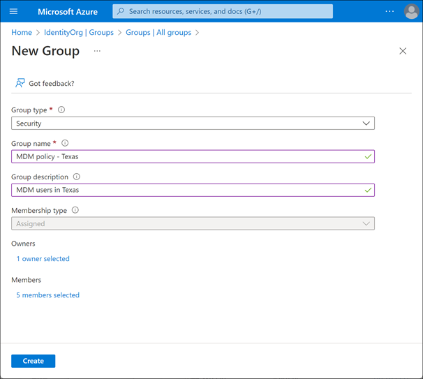 Azure 入口網站中 [建立群組] 功能的螢幕擷取畫面。