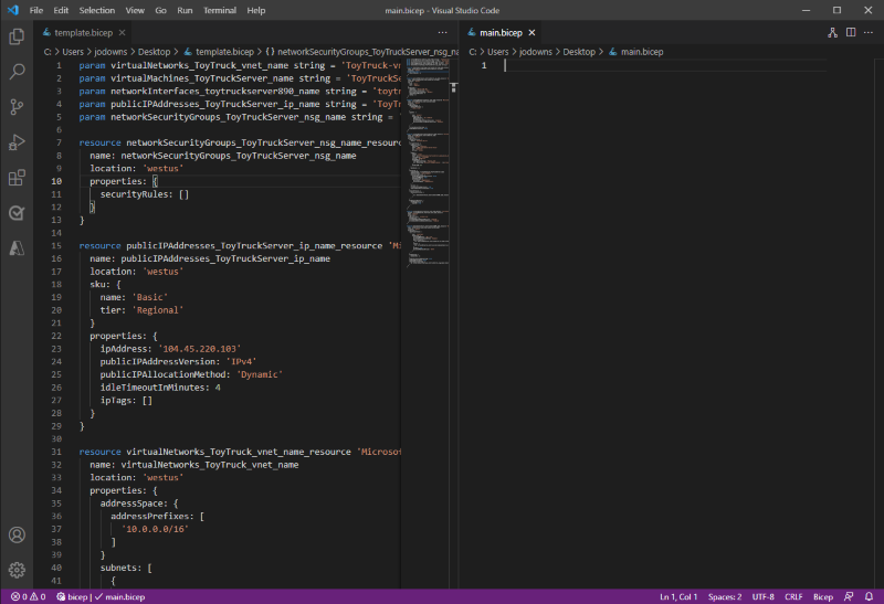 分割 Visual Studio Code 編輯器的螢幕擷取畫面，其中左窗格顯示 template.bicep 檔案，右窗格顯示 main.bicep 檔案。