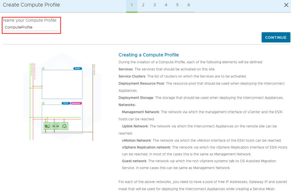 Screenshot that shows the entry of a compute profile name and the Continue button in HCX Connector on-premises.