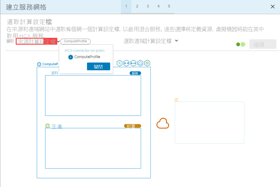 Screenshot that shows selecting the source compute profile in the on-premises HCX Connector.