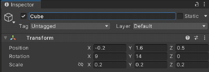 Screenshot of the cube's transform component after updates.