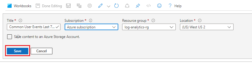 螢幕擷取畫面顯示 Log Analytics 查詢詳細資料和 [儲存] 按鈕。