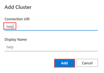 Screenshot that shows how to add the 'help' cluster, which contains sample data, on the Azure Data Explorer web UI.