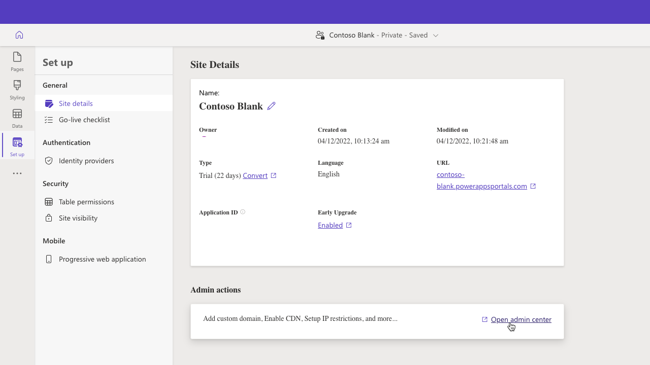 Screenshot of Power Pages admin center access from Power Pages design studio.