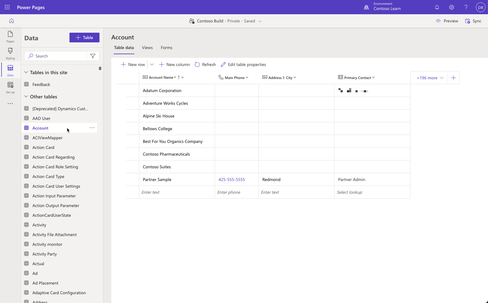 Screenshot of account table selected in Data workspace.