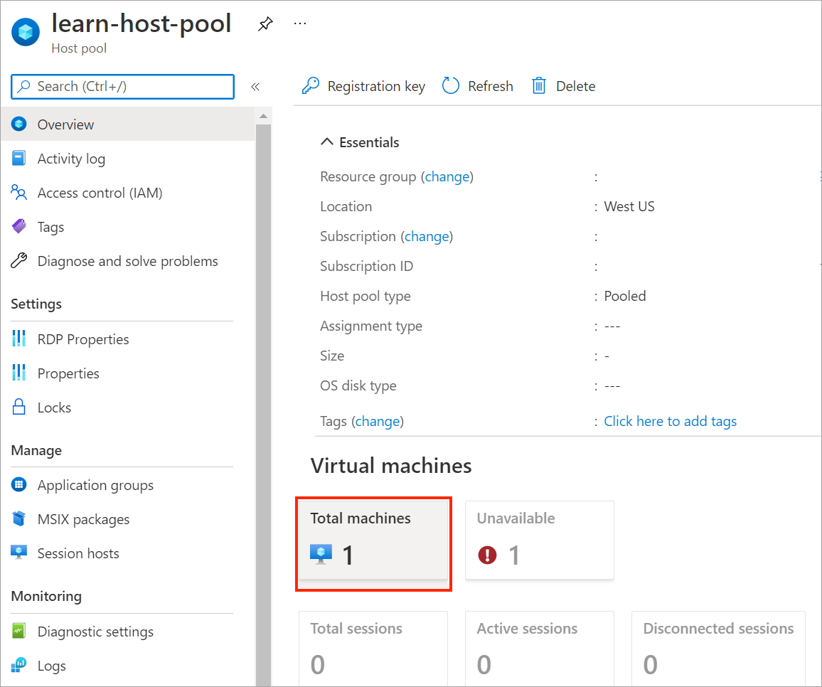 Screenshot that shows the host pool overview page with the total machines button in the center pane.