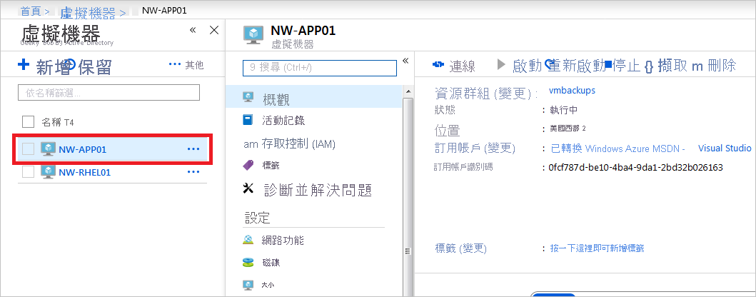 顯示 VM 概觀頁面的螢幕擷取畫面。