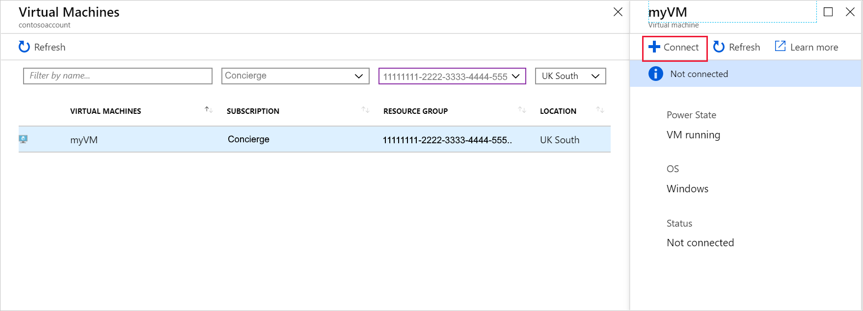 Azure 入口網站的螢幕擷取畫面，其中顯示 [虛擬機器] 窗格。