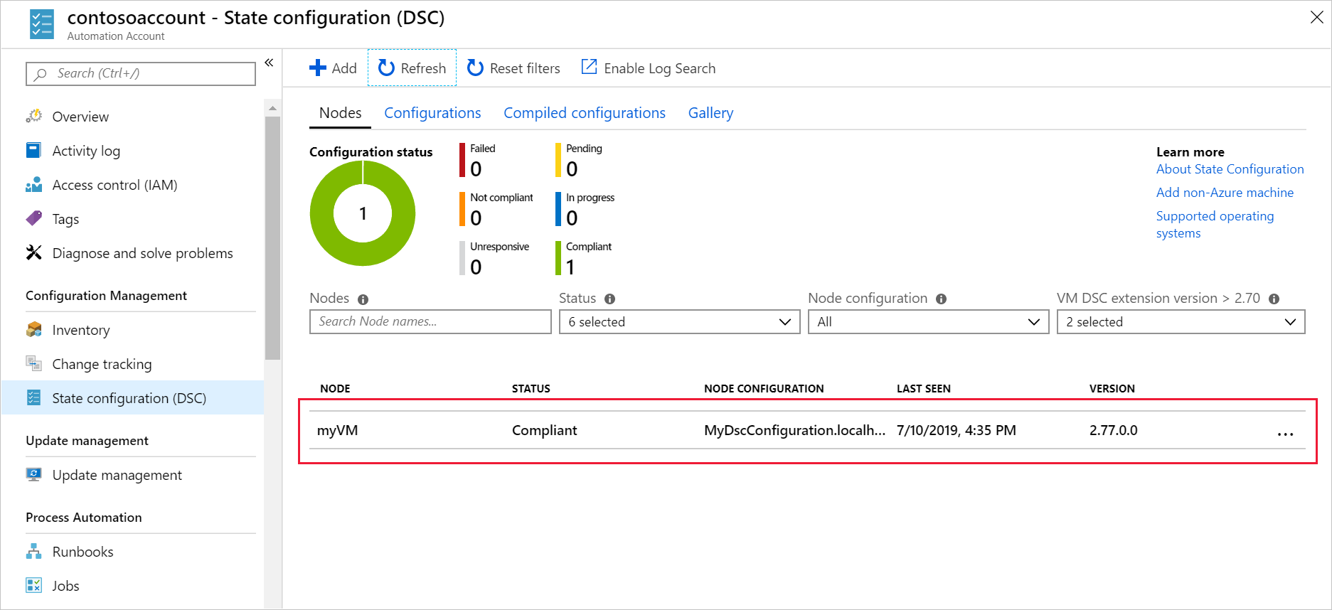 Azure 入口網站的螢幕擷取畫面，顯示已註冊 myVM 的 [節點] 窗格。