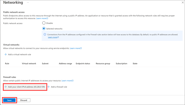 Azure 入口網站的螢幕擷取畫面，顯示 SQL 資料庫 [防火牆設定] 窗格，並醒目提示了 [新增用戶端 IP]。