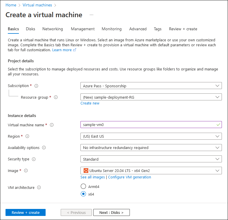 Screenshot showing the Basics tab of the Create a virtual machine wizard.