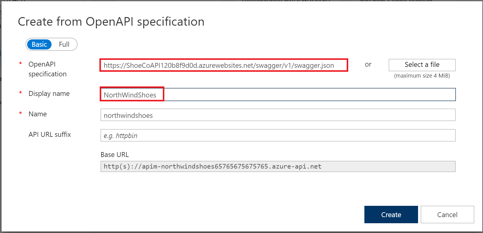 Screenshot of create from OpenAPI specification import settings with OpenAPI specification and display name fields highlighted.