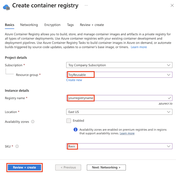 Azure 入口網站的螢幕擷取畫面，其中顯示容器登錄建立頁面。