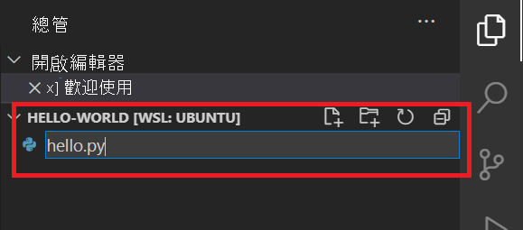[總管] 視窗的螢幕擷取畫面，其中已輸入 hello.py 作為新檔案的名稱。