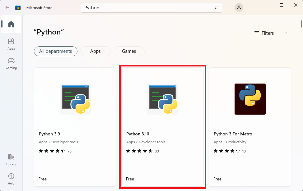 Python 之 Microsoft Store 搜尋結果畫面的螢幕擷取畫面，其中已醒目提示 Python 3.11。