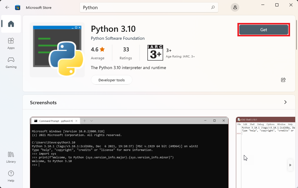 Microsoft Store 中 Python [首頁] 索引標籤的螢幕擷取畫面，其中已醒目提示 [安裝]。