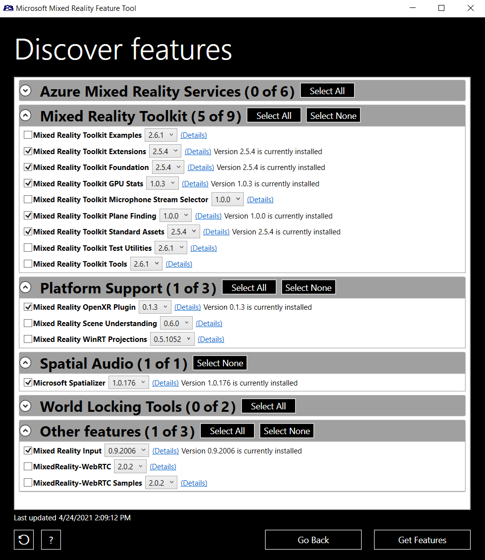 Screenshot of the Mixed Reality Feature Tool discover features window.