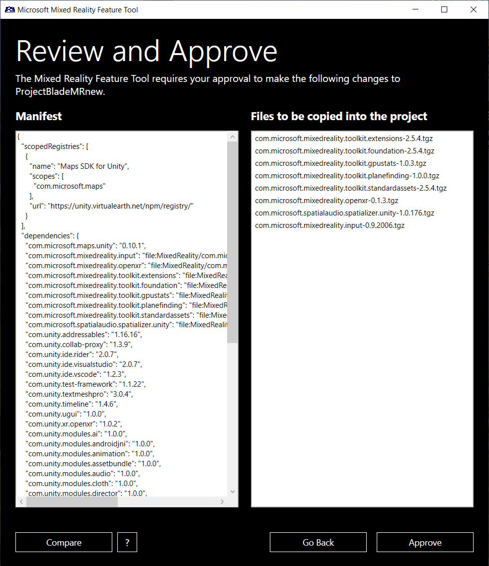 Screenshot of the Mixed Reality Feature Tool review and approve window.
