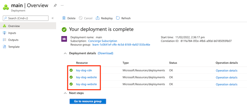 Screenshot of the Azure portal that shows the details of the main deployment.