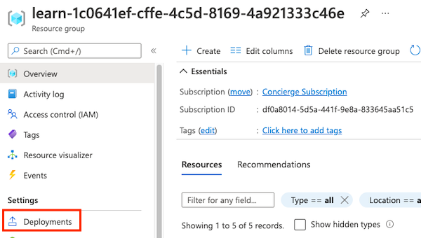 Screenshot of the Azure portal that shows the resource group, with the Deployments menu item highlighted.