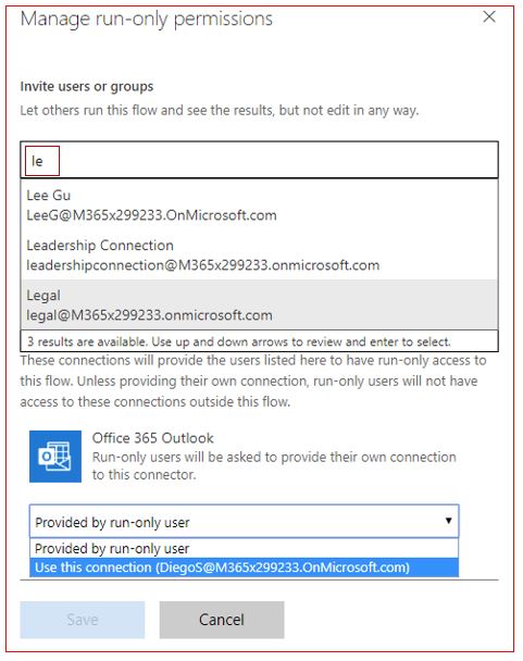 Screenshot of the Manage run-only permissions dialog with user connector access.