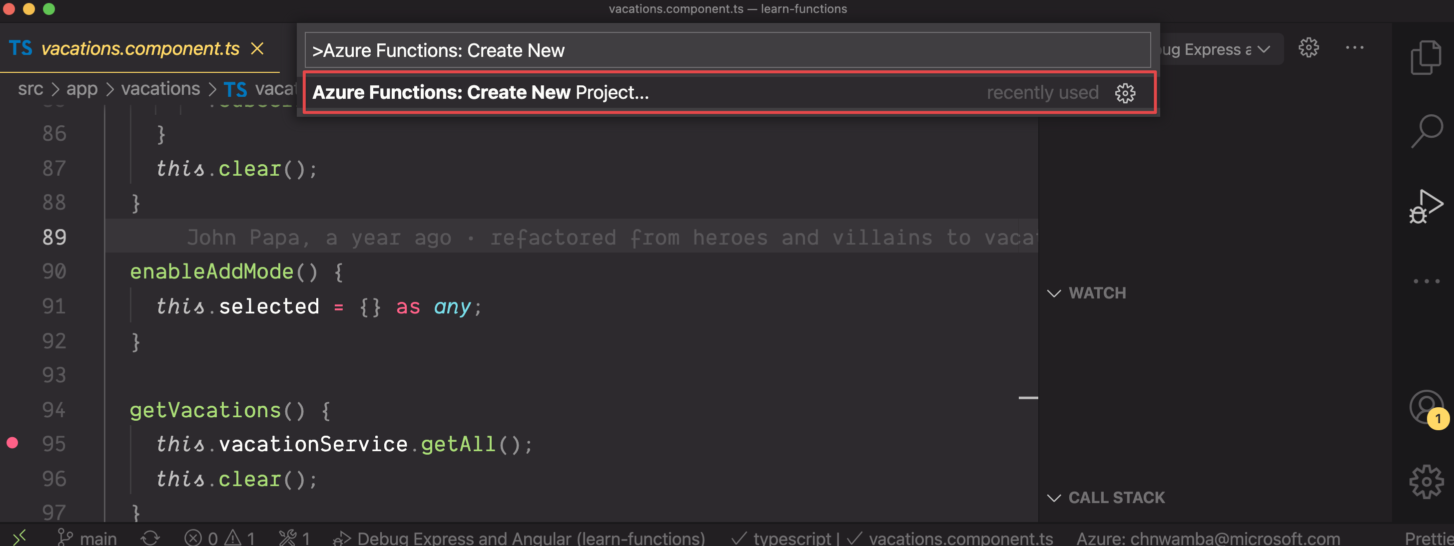 Screenshot of Visual Studio Code creating a new function app.