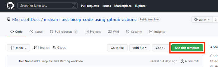 顯示範本存放庫 GitHub 介面的螢幕擷取畫面，其中將 [使用此範本] 按鈕反白顯示。