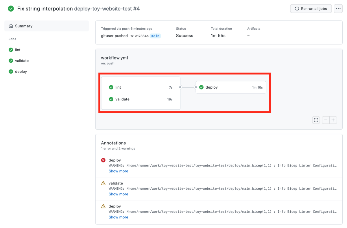 GitHub Actions 中工作流程執行的螢幕擷取畫面，其中顯示三個作業都回報成功。