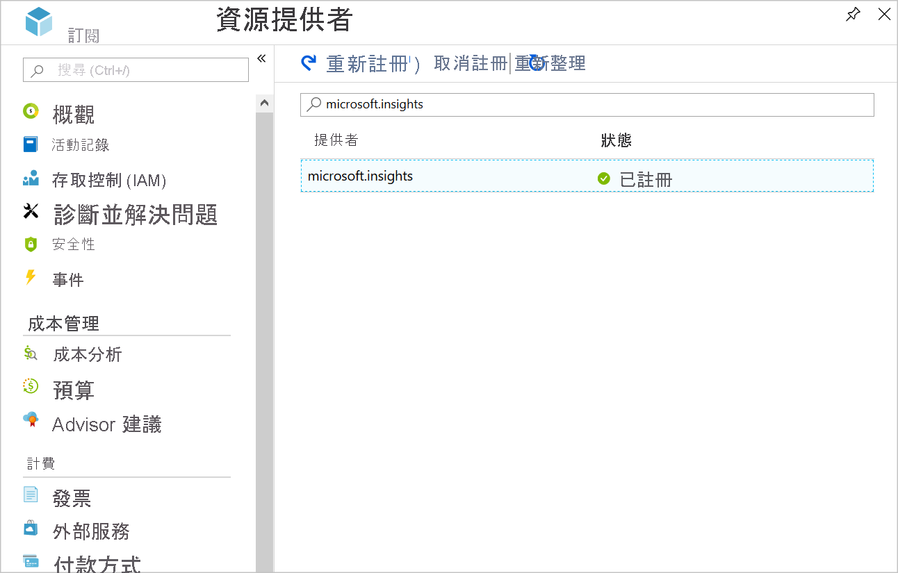 Screenshot showing the registered Microsoft.Insights provider.