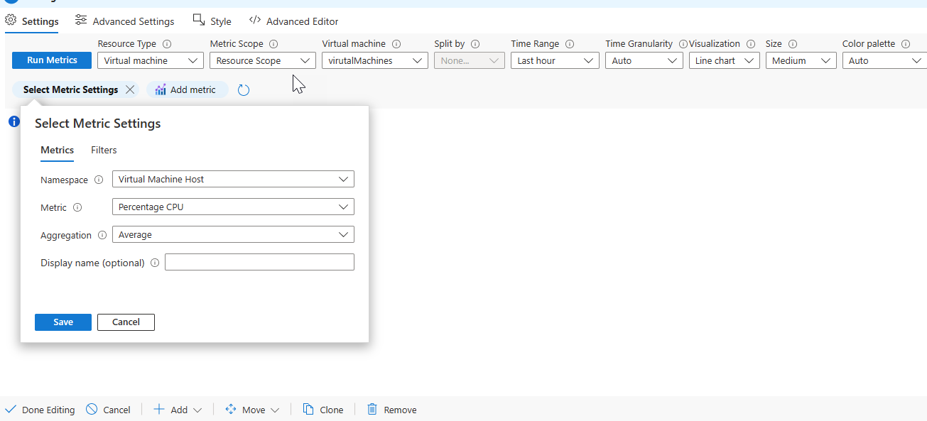 Screenshot that shows the percentage CPU metric setting in a Workbook.