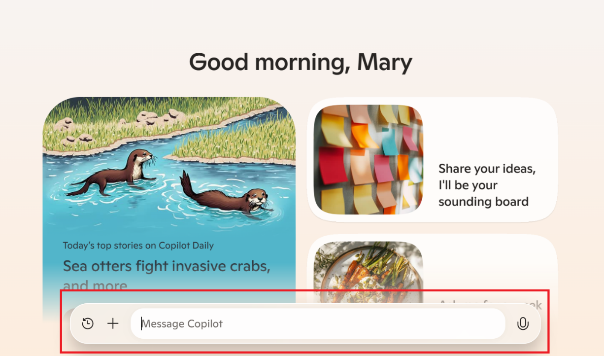 顯示使用者可在何處輸入訊息給 Copilot 的螢幕擷取畫面。