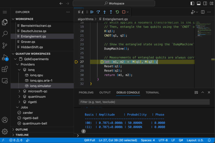 Visual Studio Code 中 QDK 延伸模組的螢幕擷取畫面。