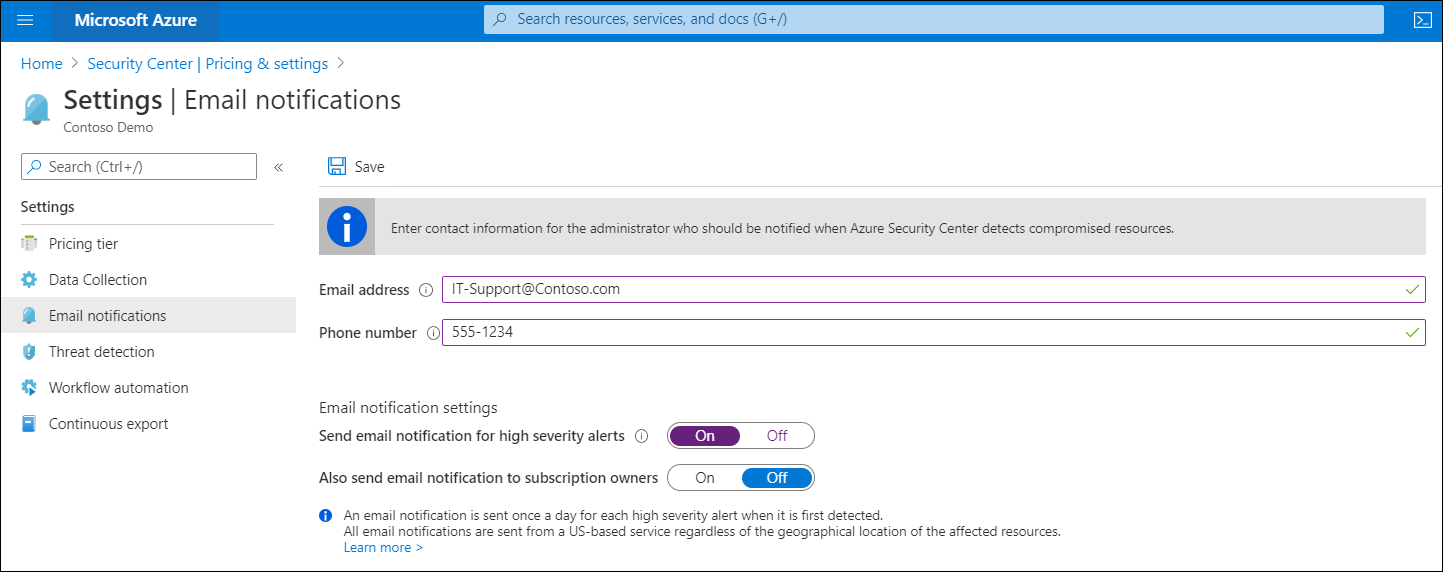 A screenshot of the Settings email notifications page in the Azure Security Center. The administrator has entered a contact email address and telephone number. They also have enabled email notifications for high severity alerts.