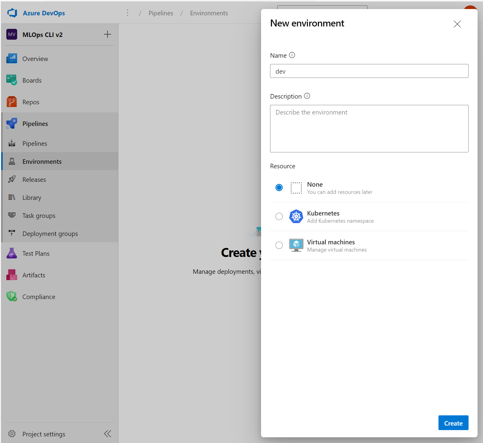 螢幕擷取畫面：在 Azure DevOps 中建立新環境。
