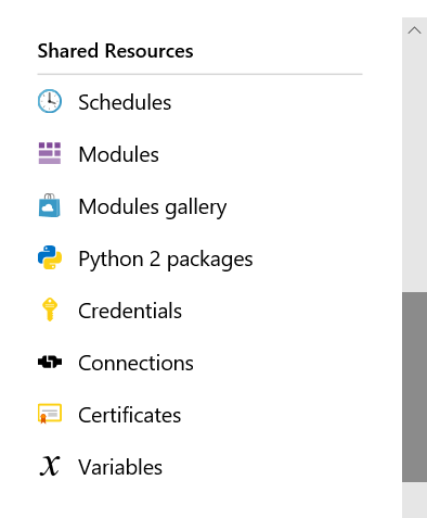 Screenshot of the shared resources section in the Azure Automation account pane. Eight shared resources display, Schedules, Modules, Modules gallery, Python 2 packages, Credentials, Connections, Certificates, and Variables.