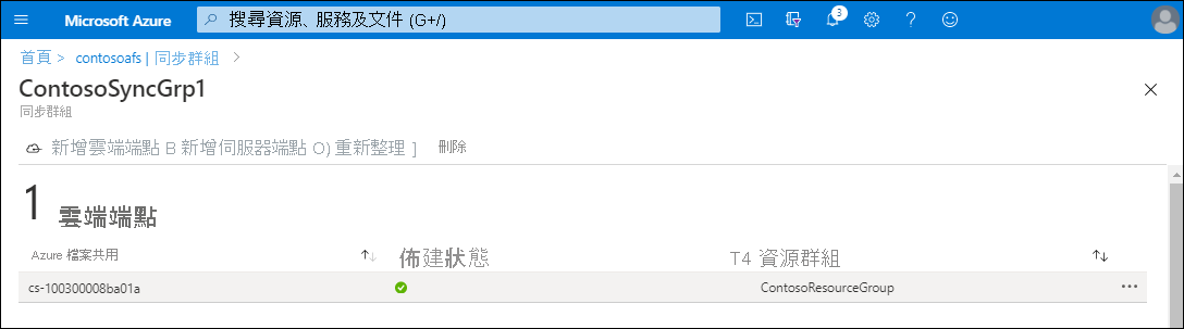 Azure 入口網站中 ContosoSyncGrp1 頁面的螢幕擷取畫面。一個雲端端點會列出 Azure 檔案共用名稱稱和資源群組。