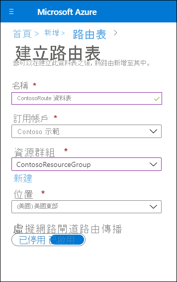 Azure 入口網站中 [建立路由表] 頁面的螢幕擷取畫面。系統管理員已將 [名稱] 定義為 [ContosoRouteTable]，並針對 [虛擬網路閘道路由傳播] 值選取 [已啟用]。