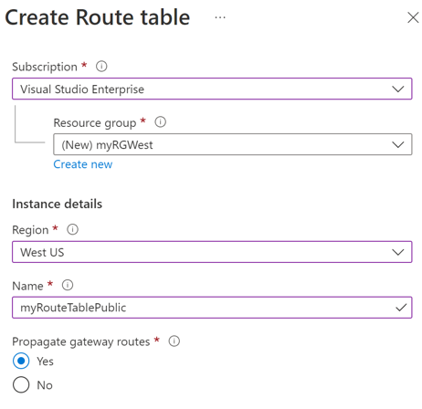 Azure 入口網站中路由表刀鋒視窗的螢幕擷取畫面。