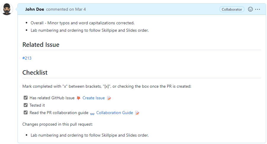 Screenshot of open a pull request representation with description field, related issue and a checklist template.