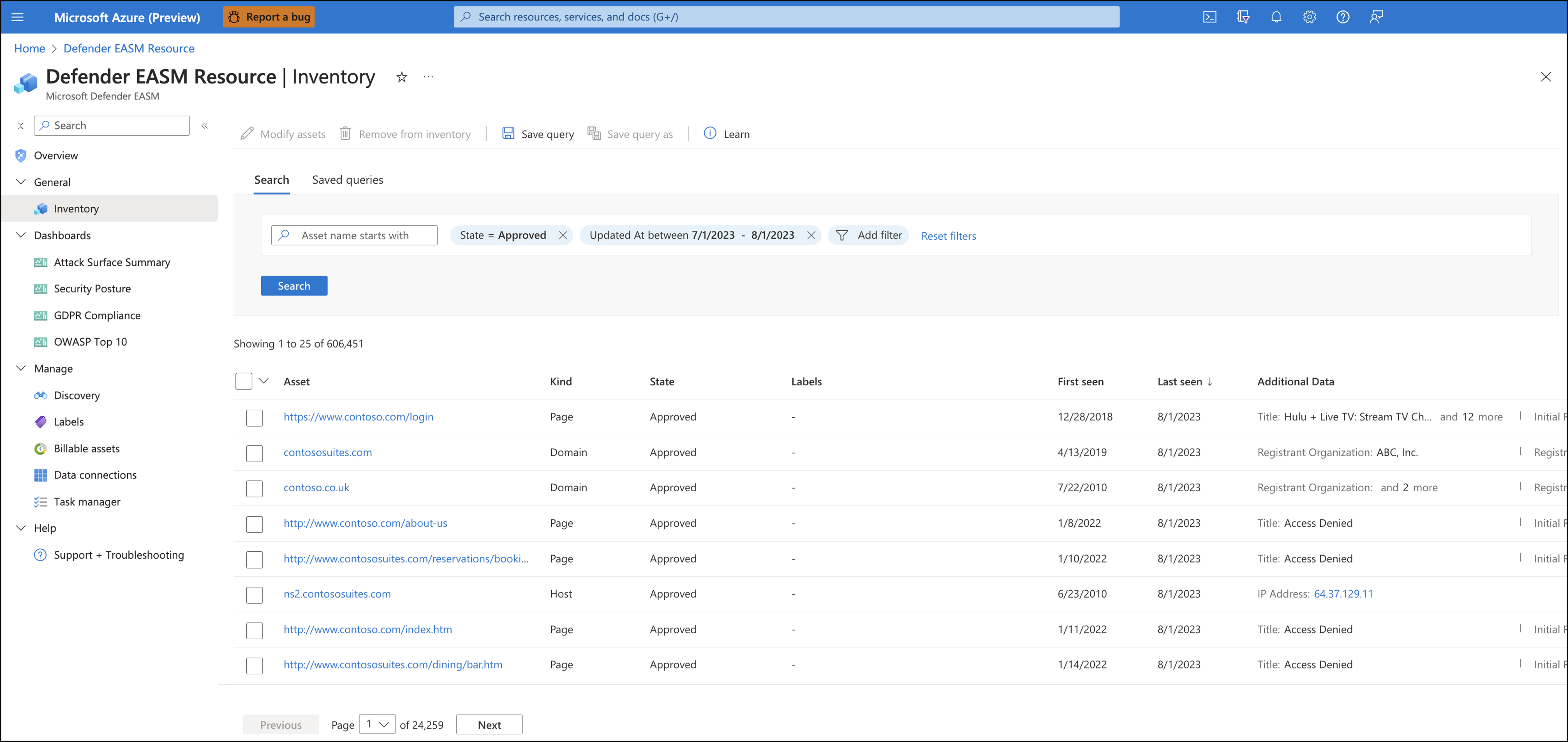 Screenshot showing the Microsoft Defender External Attack Surface Management inventory page.