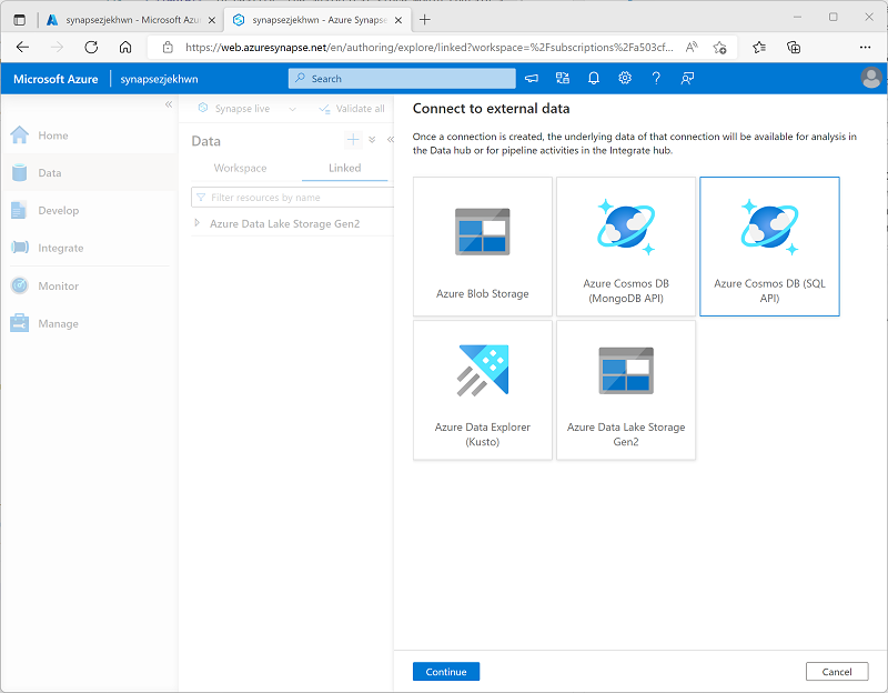 Azure Synapse Studio 螢幕擷取畫面：顯示 [連線到外部資料] 頁面。