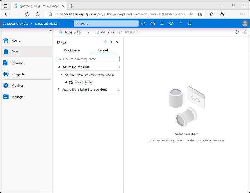 Azure Synapse Studio 螢幕擷取畫面：顯示包含 Azure Cosmos DB 連結服務的 [資料] 頁面。