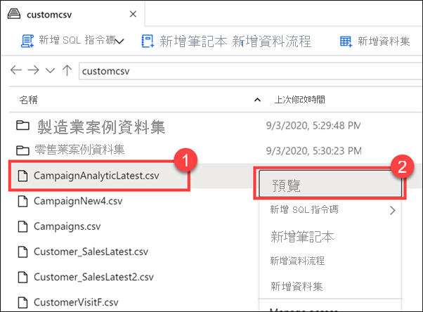 在 Azure Synapse Studio 中預覽資料中樞內的資料