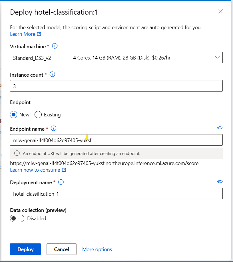 Screenshot of the endpoint creation from a registered model.